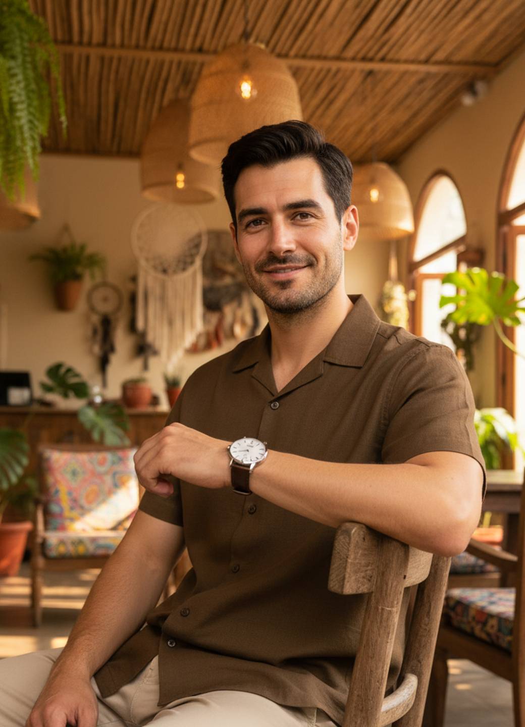 Men Brown Cuban Collar Short Sleeve Solid Relaxed Fit Cotton Shirt