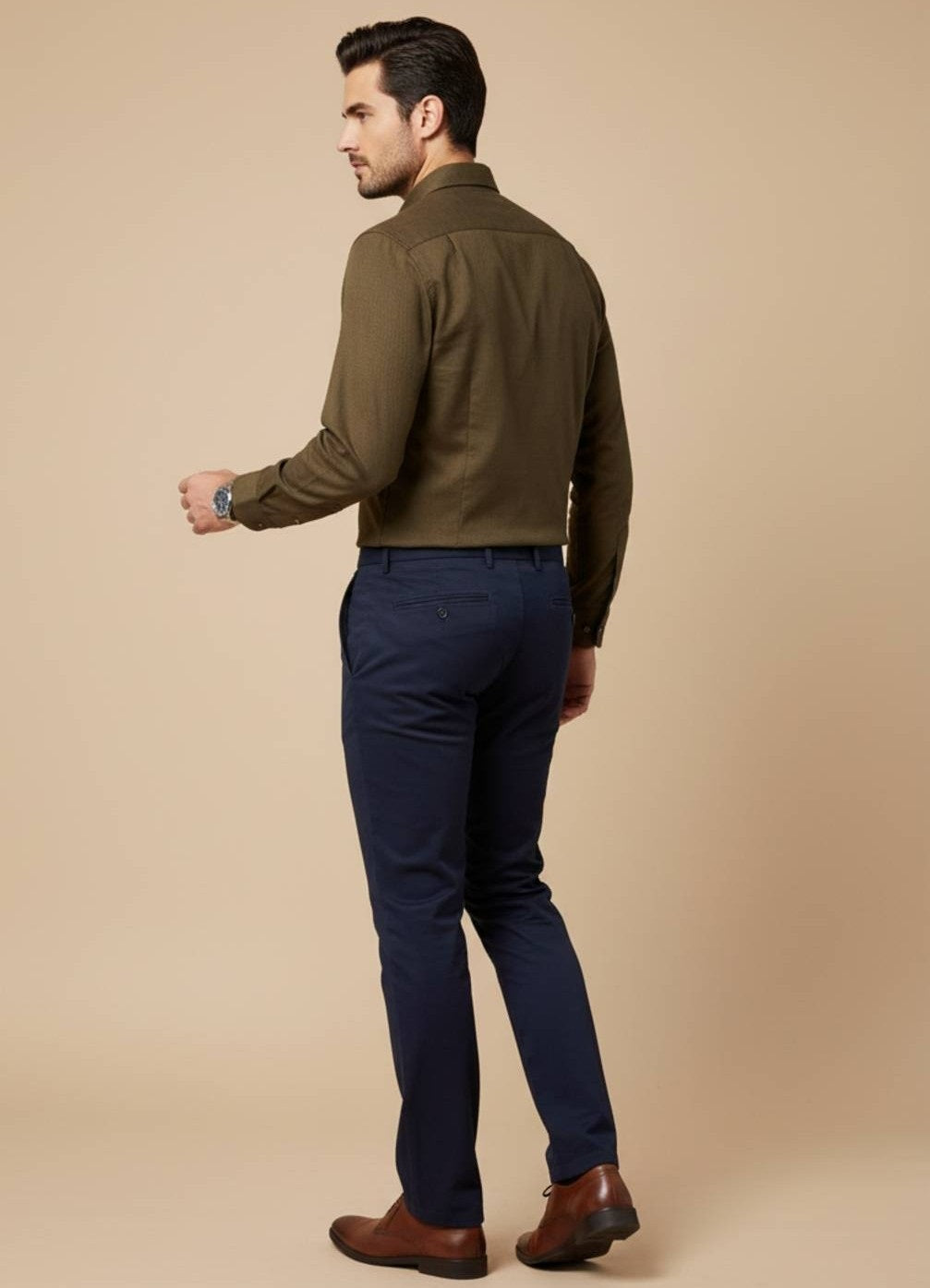 Men Brown Band Collar Long Sleeve Solid Regular Fit Cotton Shirt