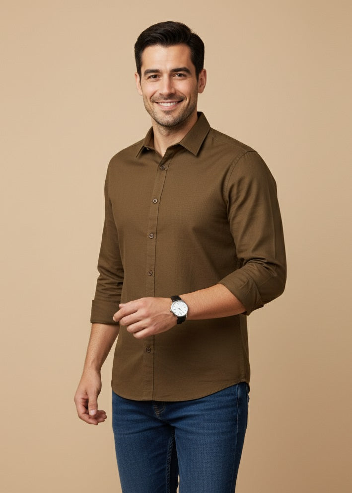 Men Brown Band Collar Long Sleeve Solid Regular Fit Cotton Shirt