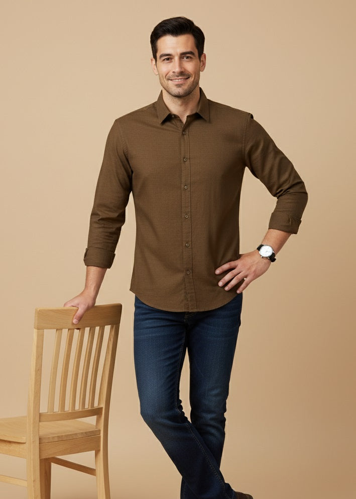 Men Brown Band Collar Long Sleeve Solid Regular Fit Cotton Shirt