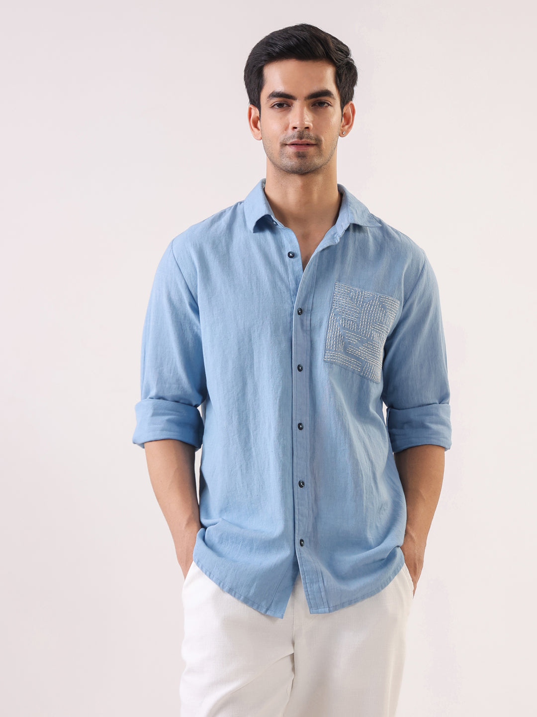 Men Blue Dyed Band Collar Long Sleeve Relaxed Fit Cotton Shirt