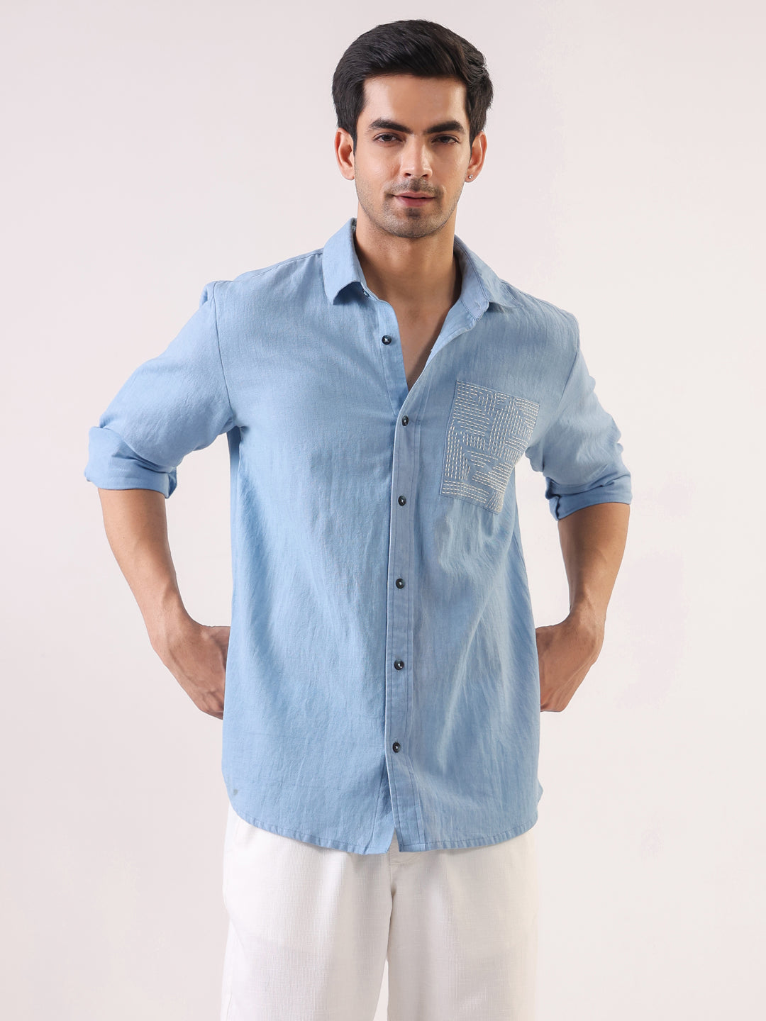 Men Blue Dyed Band Collar Long Sleeve Relaxed Fit Cotton Shirt