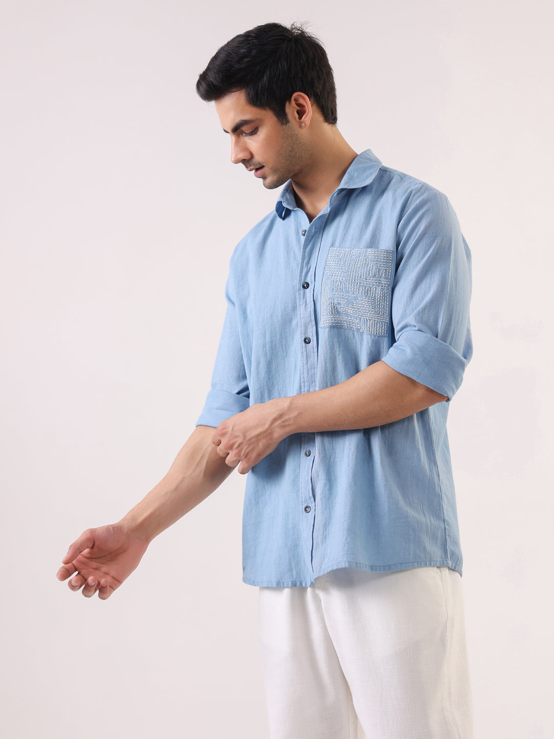 Men Blue Dyed Band Collar Long Sleeve Relaxed Fit Cotton Shirt