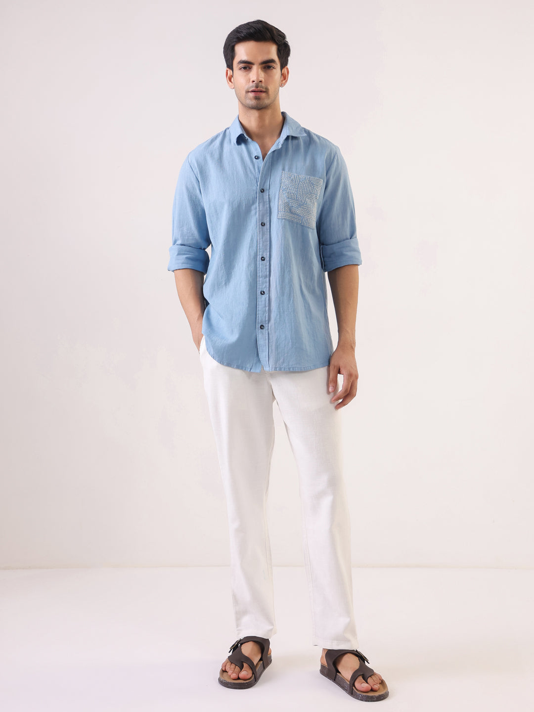 Men Blue Dyed Band Collar Long Sleeve Relaxed Fit Cotton Shirt