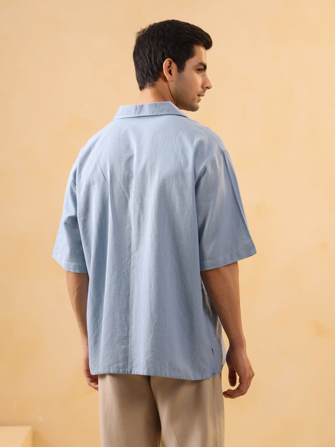 Men Blue Solid Band Collar Long Sleeves Oversized Cotton Shirt