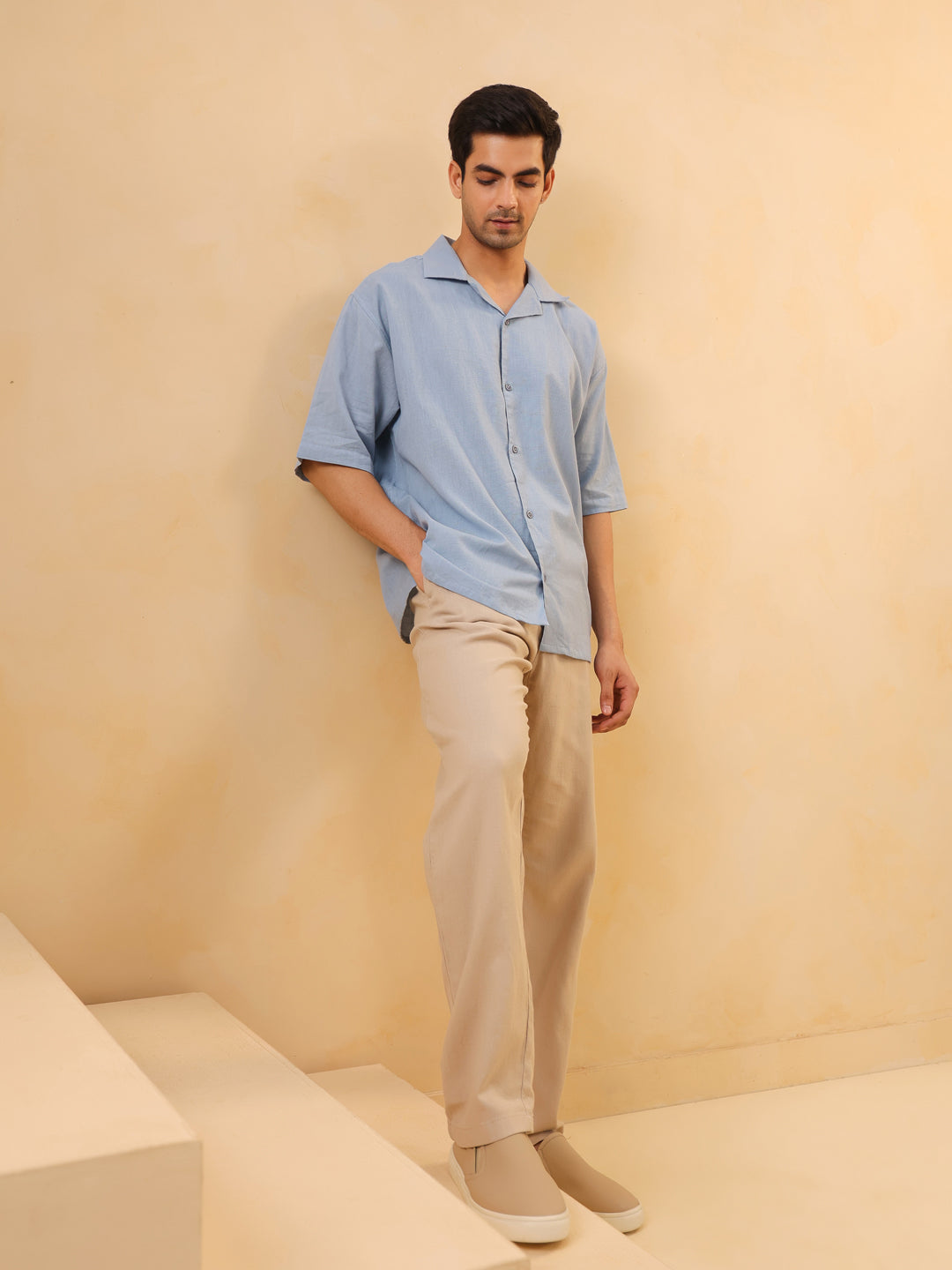 Men Blue Solid Band Collar Long Sleeves Oversized Cotton Shirt