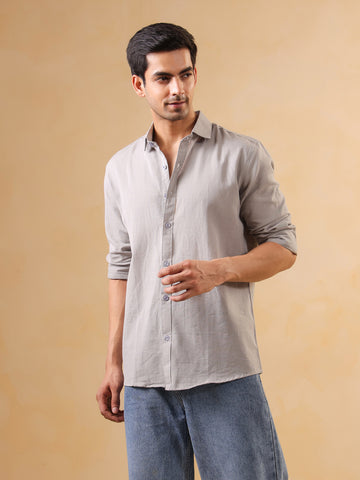 Men Grey Solid Relaxed Fit Cotton Shirt