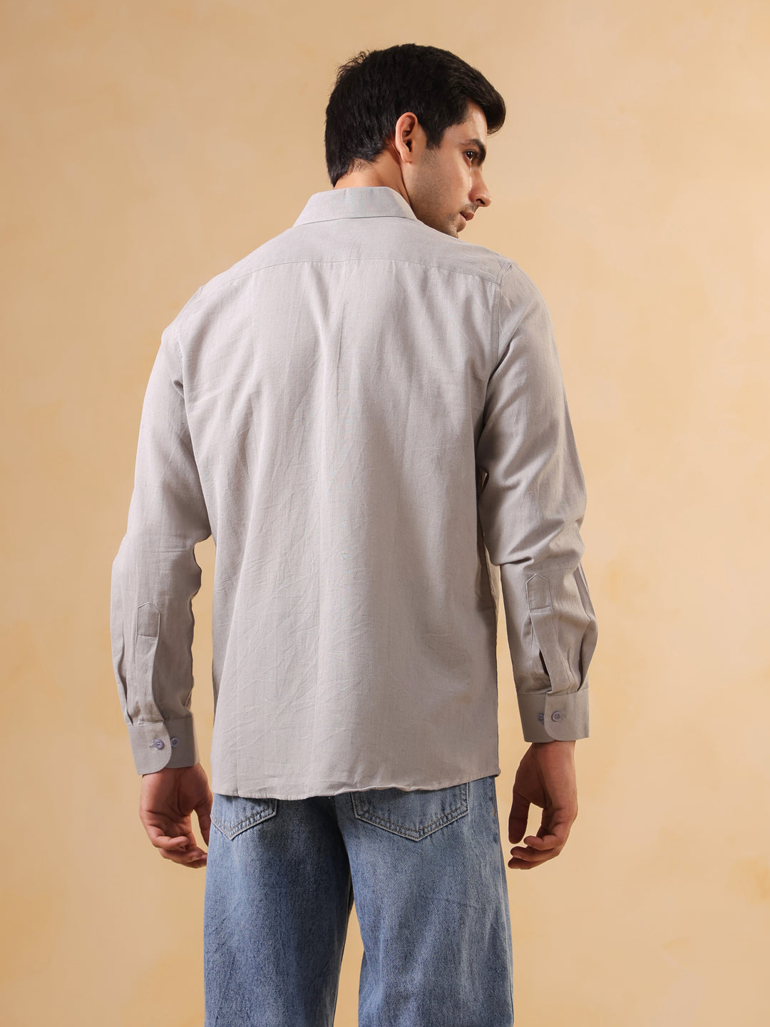 Men Grey Solid Relaxed Fit Cotton Shirt