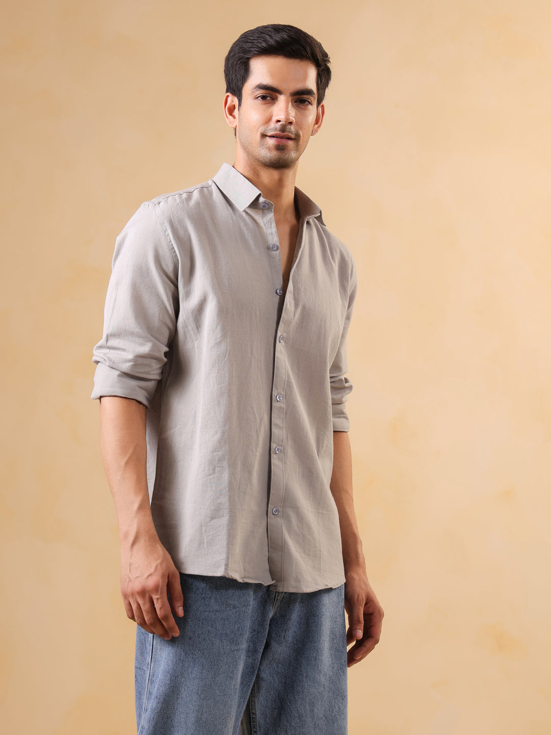 Men Grey Solid Relaxed Fit Cotton Shirt