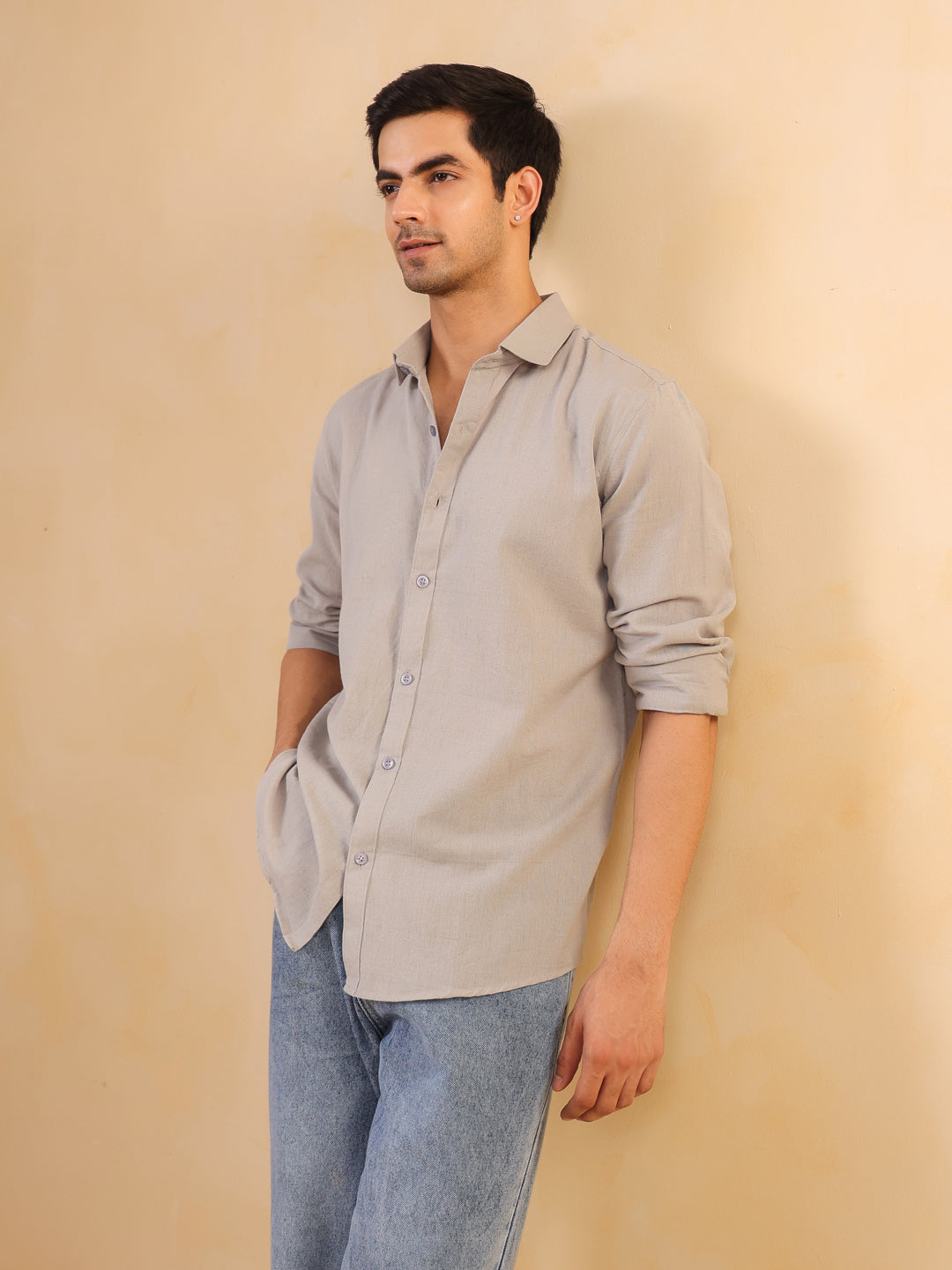 Men Grey Solid Relaxed Fit Cotton Shirt