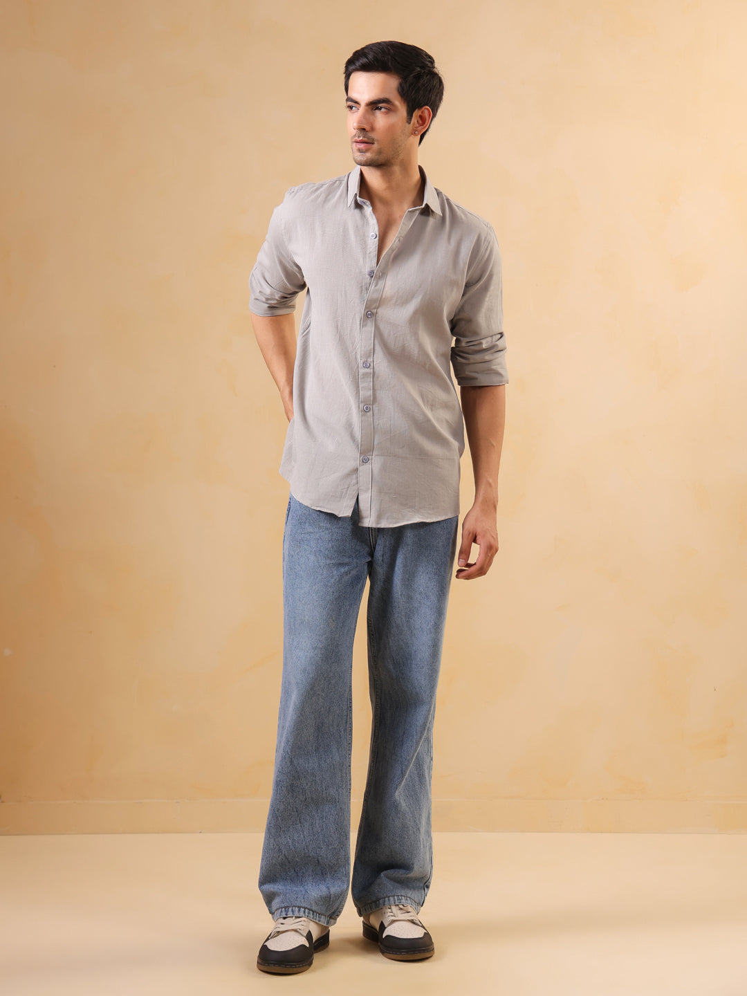 Men Grey Solid Relaxed Fit Cotton Shirt