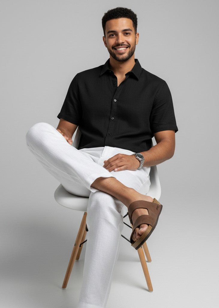 Men Black Solid Regular Fit Pure Cotton Shirt