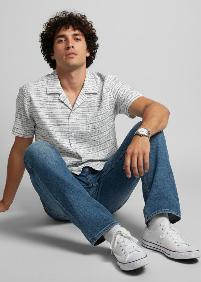 Men's Light Grey Striped Short Sleeve Shirt