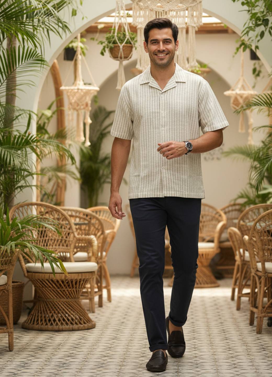 Men’s Soft-Touch Beige Stripe Summer Shirt