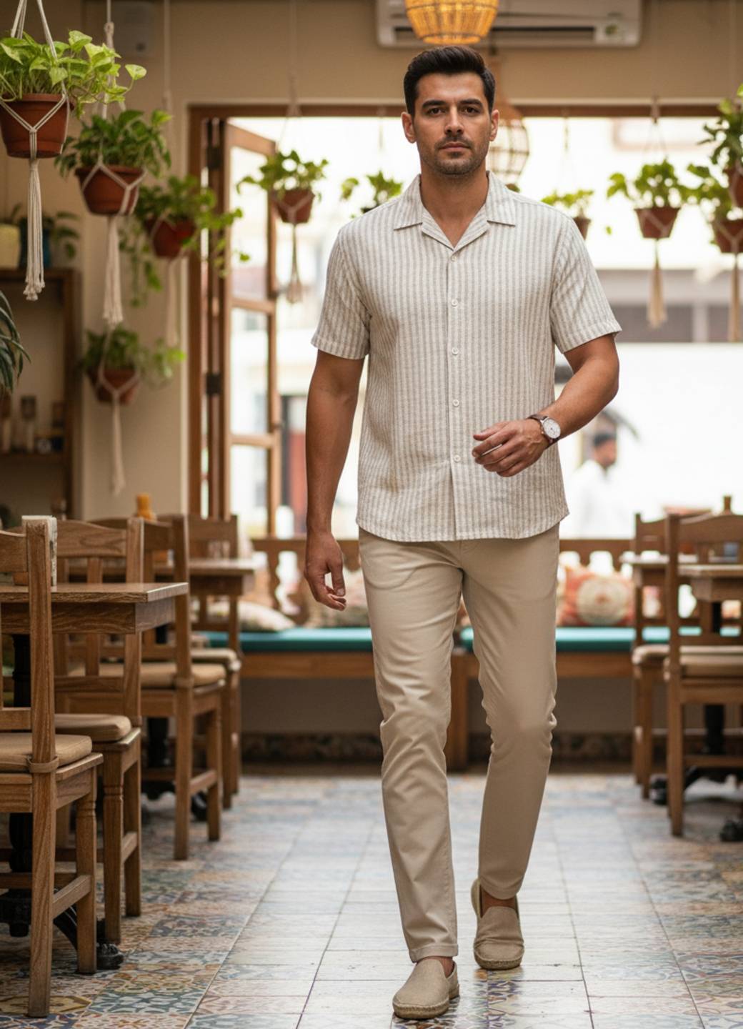 Men Off White Striped Relaxed Fit Cotton Shirt