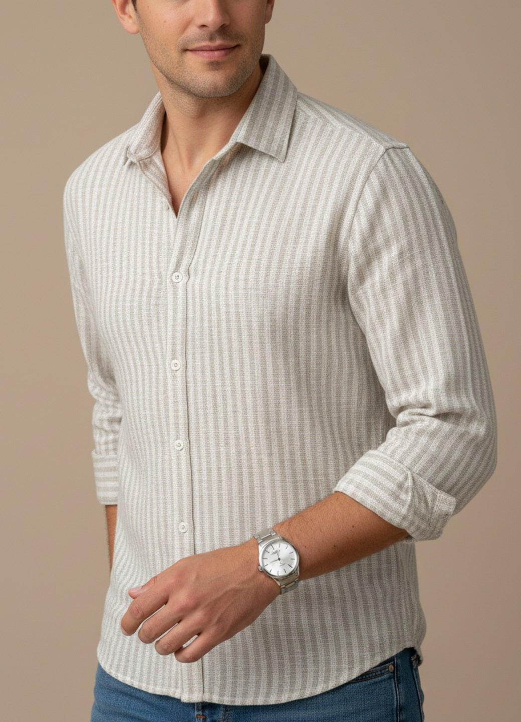 Men Off White Striped Regular Fit Cotton Shirt