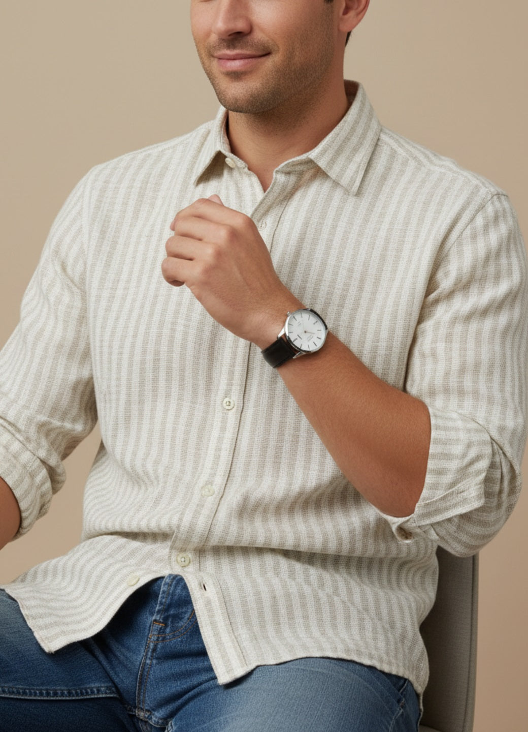 Men Off White Striped Regular Fit Cotton Shirt