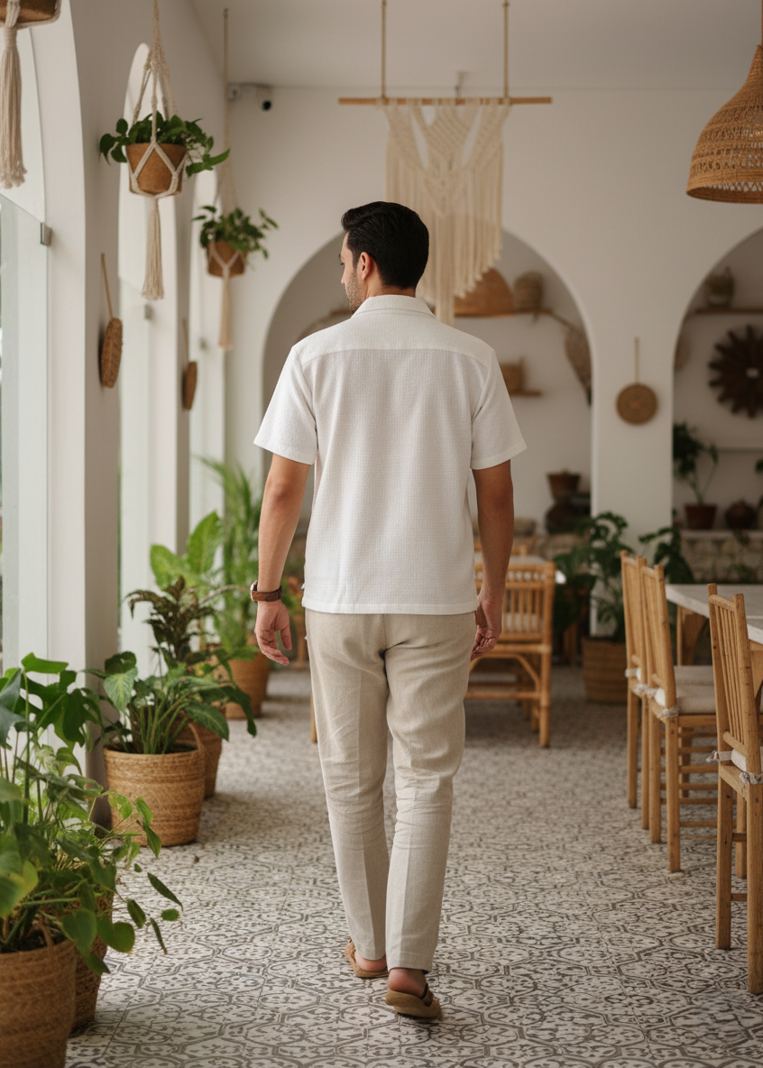 Men’s Classic White Textured Resort Button-Up Shirt
