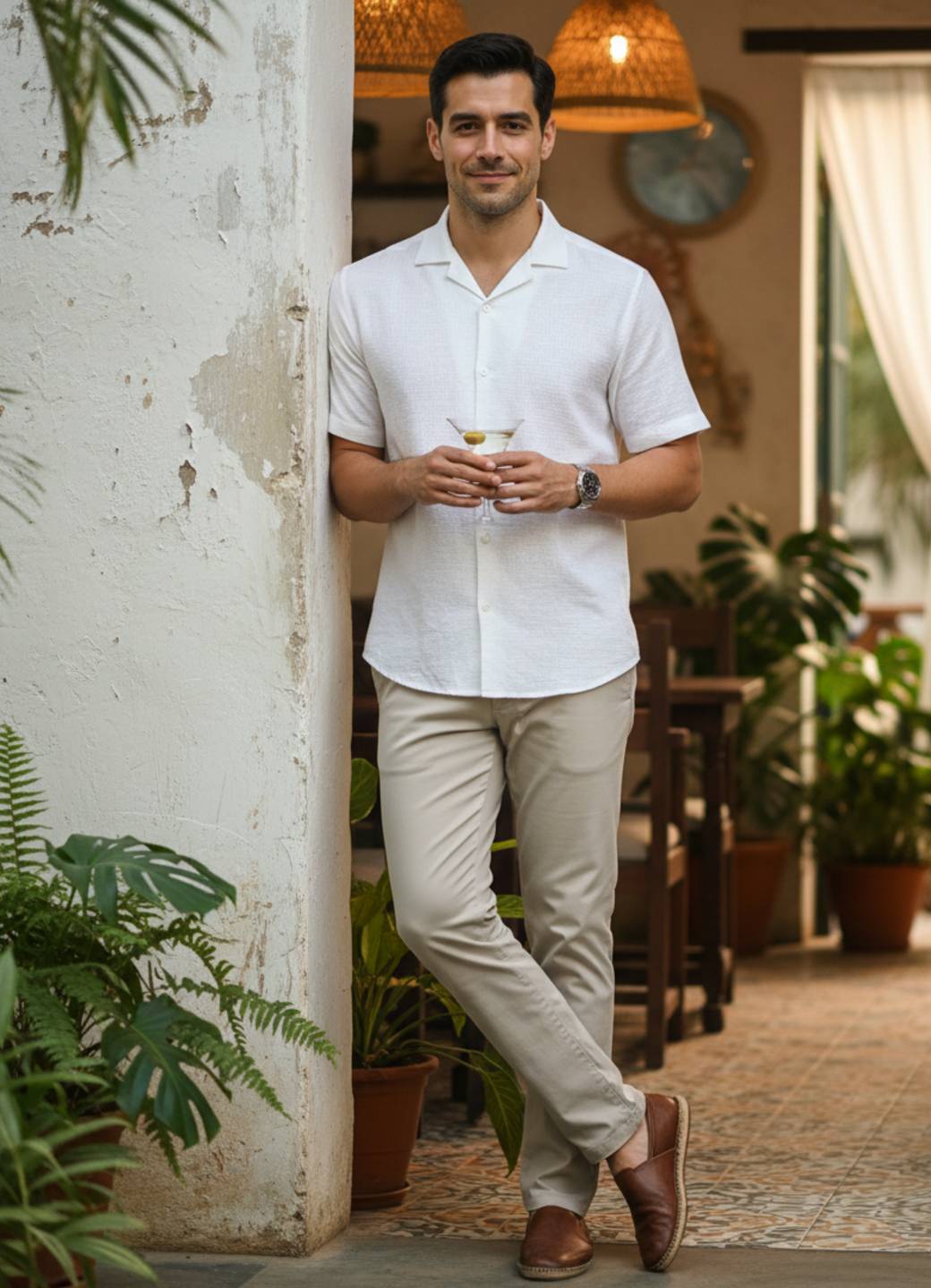 Men’s Classic White Textured Resort Button-Up Shirt