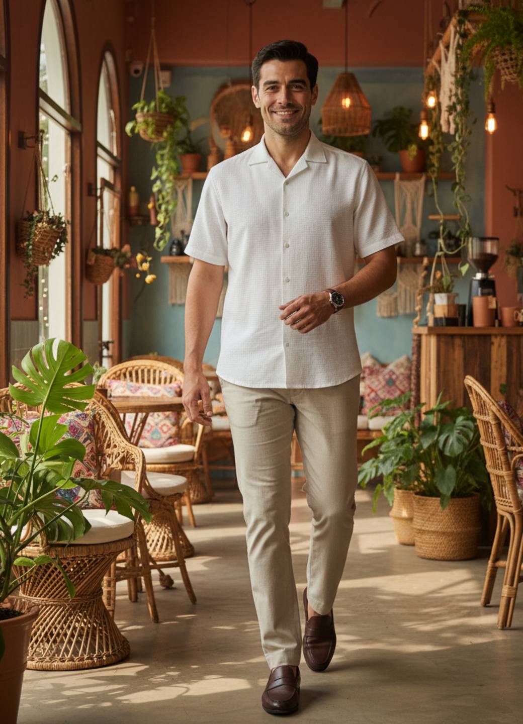 Men’s Classic White Textured Resort Button-Up Shirt