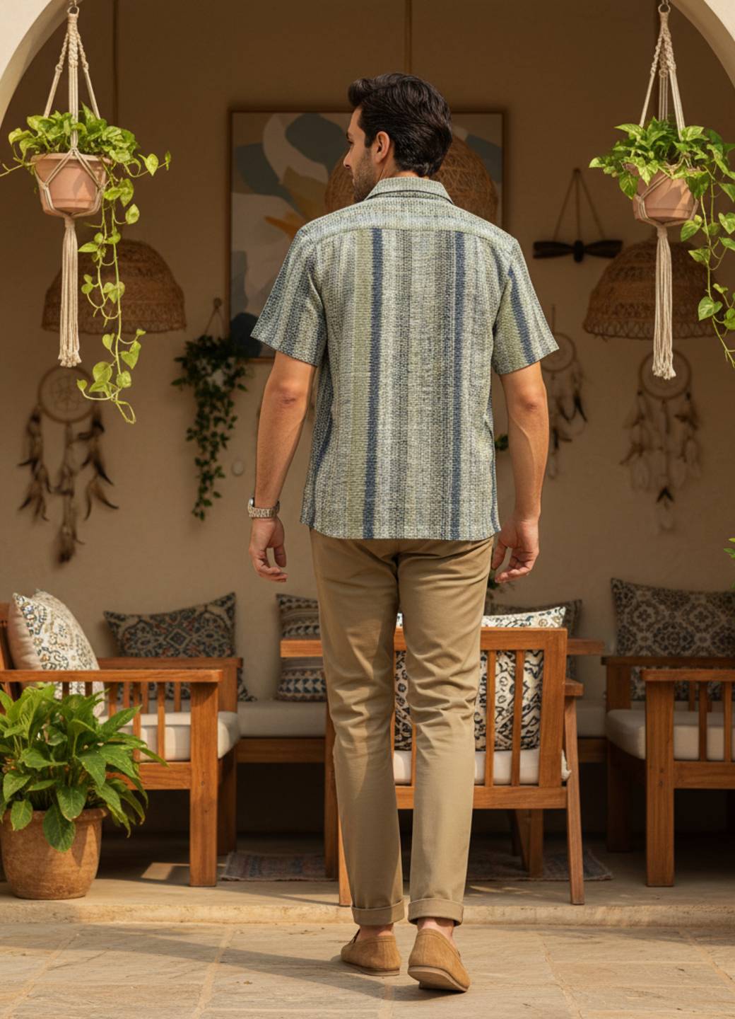 Men’s Coastal Wave Textured Stripe Short-Sleeve Shirt