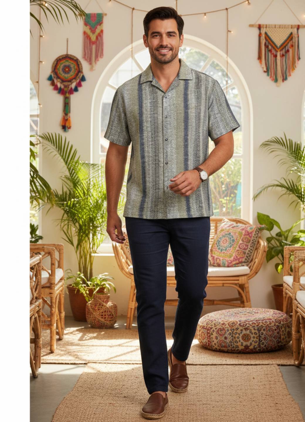 Men’s Coastal Wave Textured Stripe Short-Sleeve Shirt