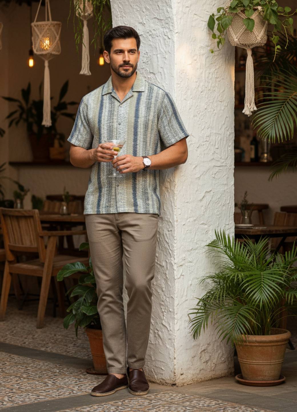 Men’s Coastal Wave Textured Stripe Short-Sleeve Shirt