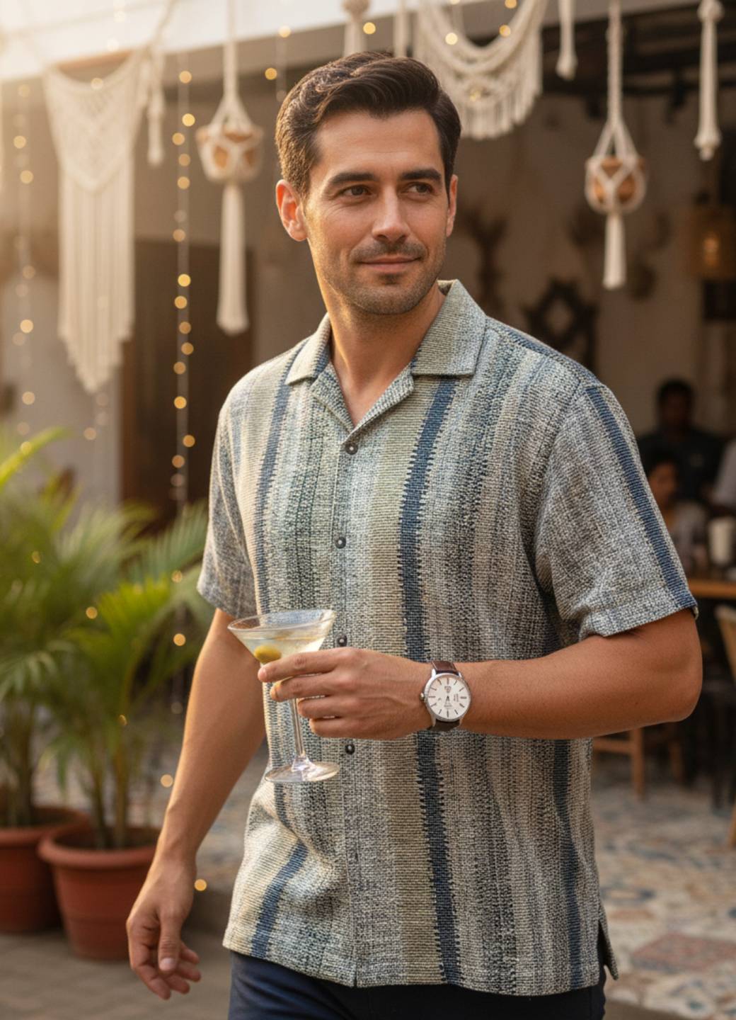 Men’s Coastal Wave Textured Stripe Short-Sleeve Shirt