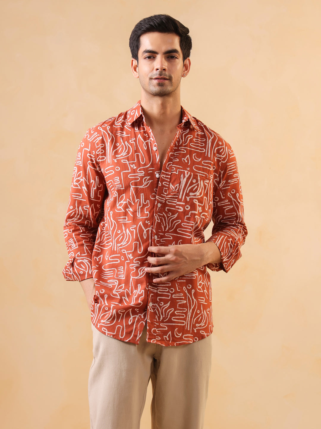 Men Rust Solid Regular Fit Cotton Shirt