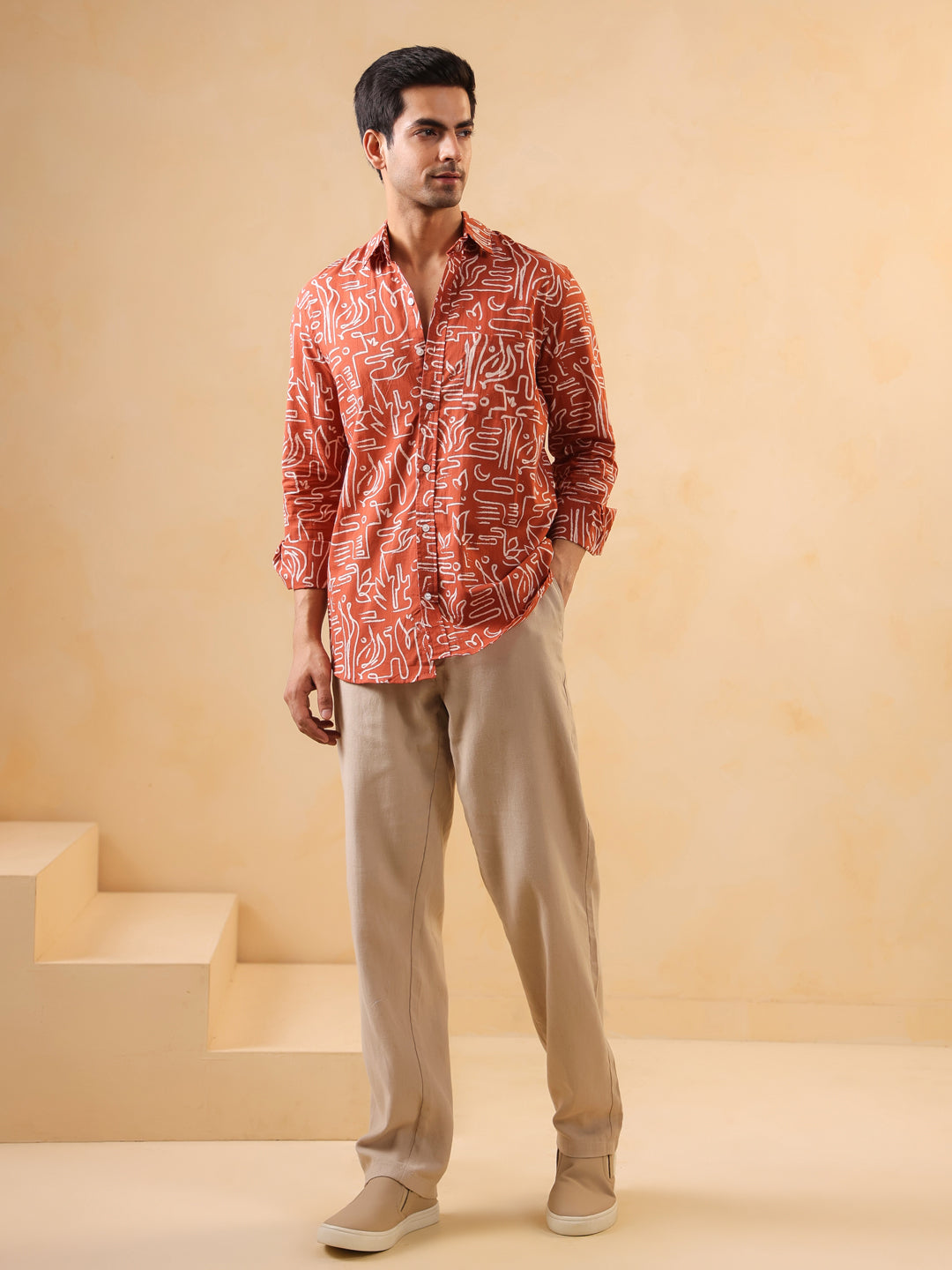 Men Rust Solid Regular Fit Cotton Shirt