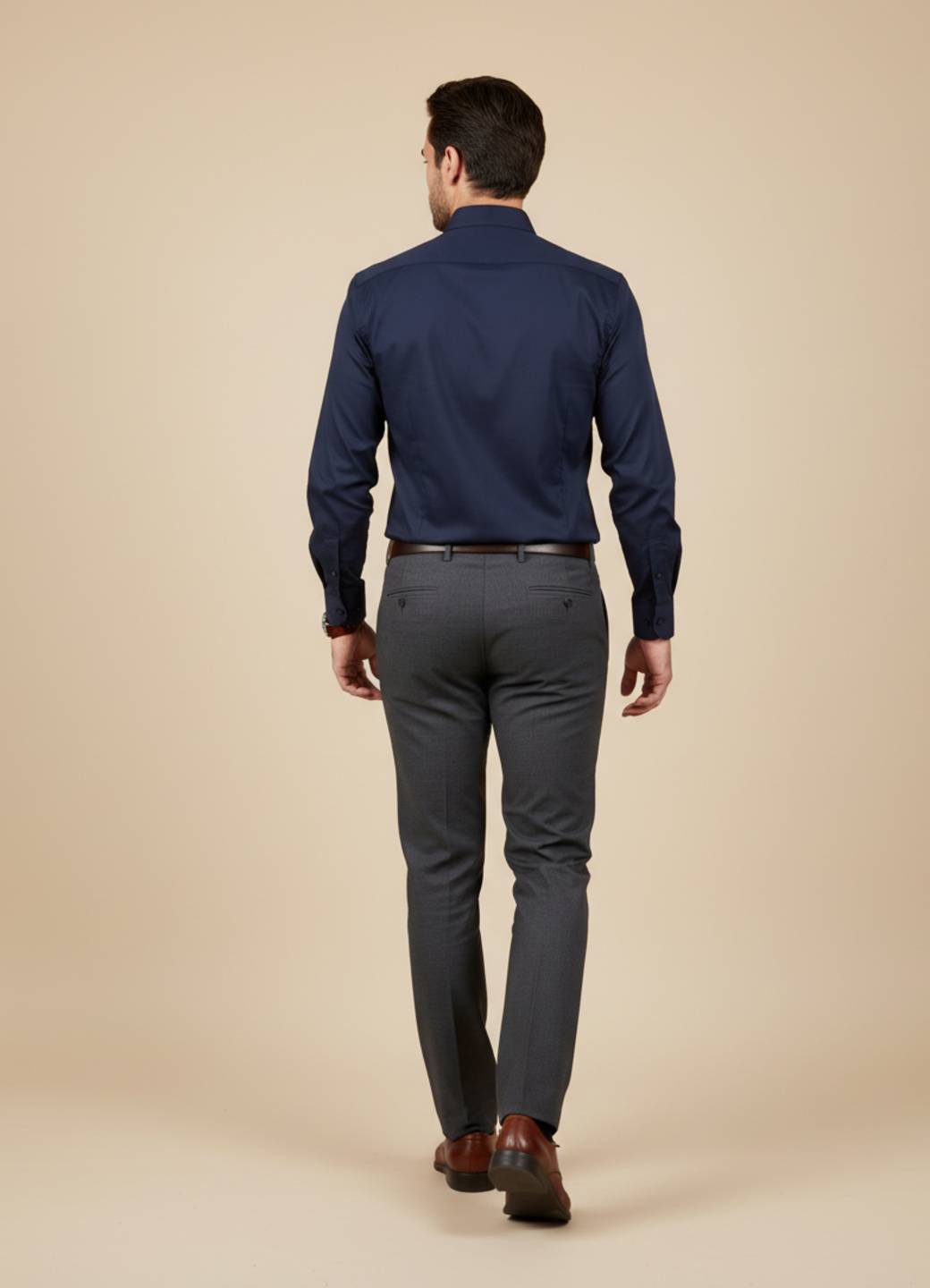 Men's Navy Blue Solid Band Collar Satin Shirt