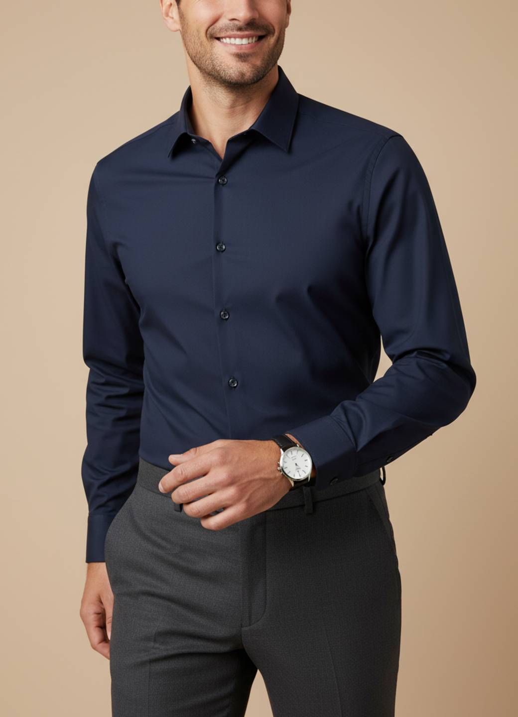 Men's Navy Blue Solid Band Collar Satin Shirt