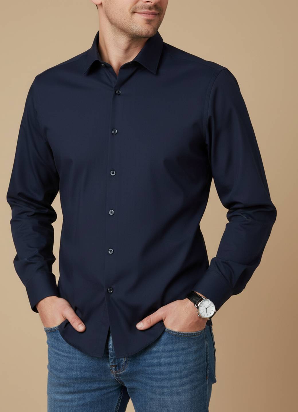 Men's Navy Blue Solid Band Collar Satin Shirt