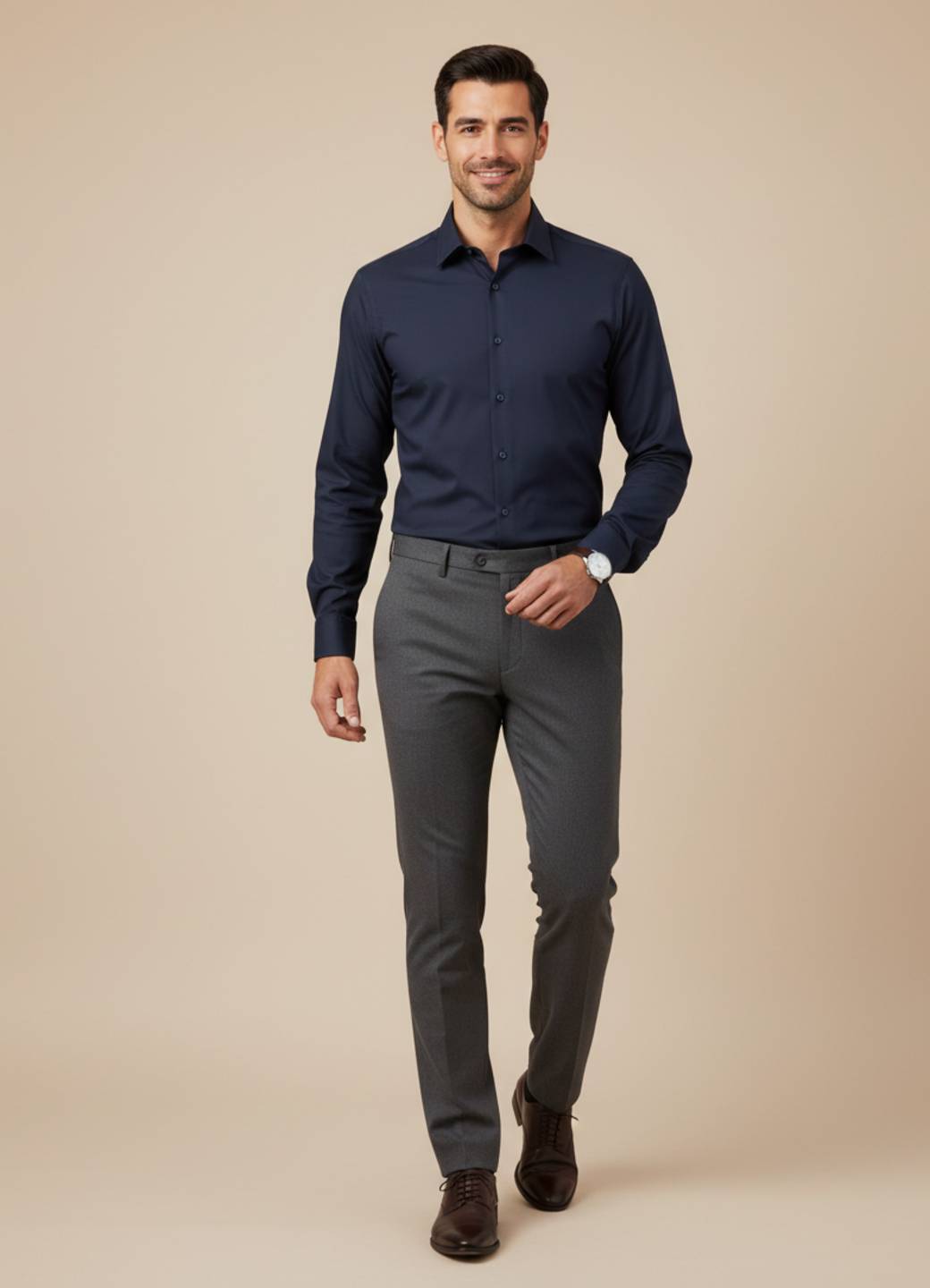 Men's Navy Blue Solid Band Collar Satin Shirt