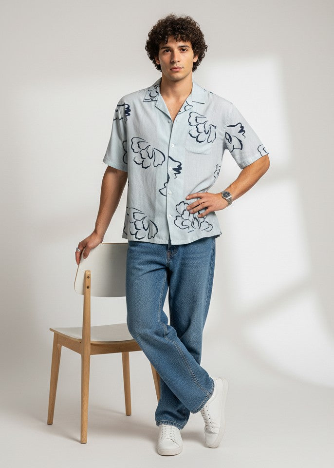 Men's Light Blue Abstract Floral Print Shirt