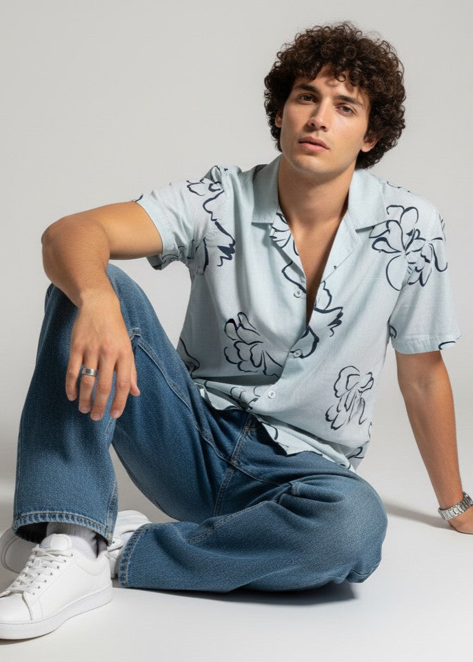 Men's Light Blue Abstract Floral Print Shirt