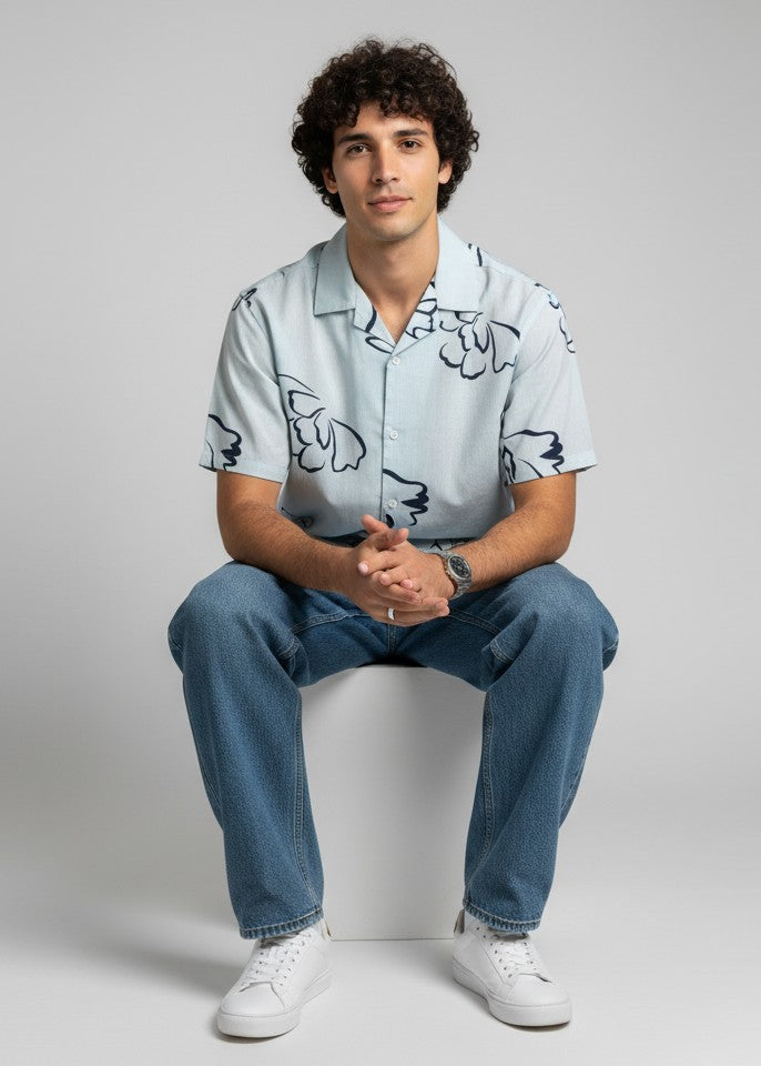 Men's Light Blue Abstract Floral Print Shirt