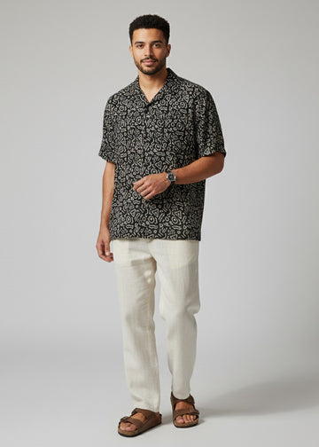 Men's Black Abstract Print Camp Collar Shirt