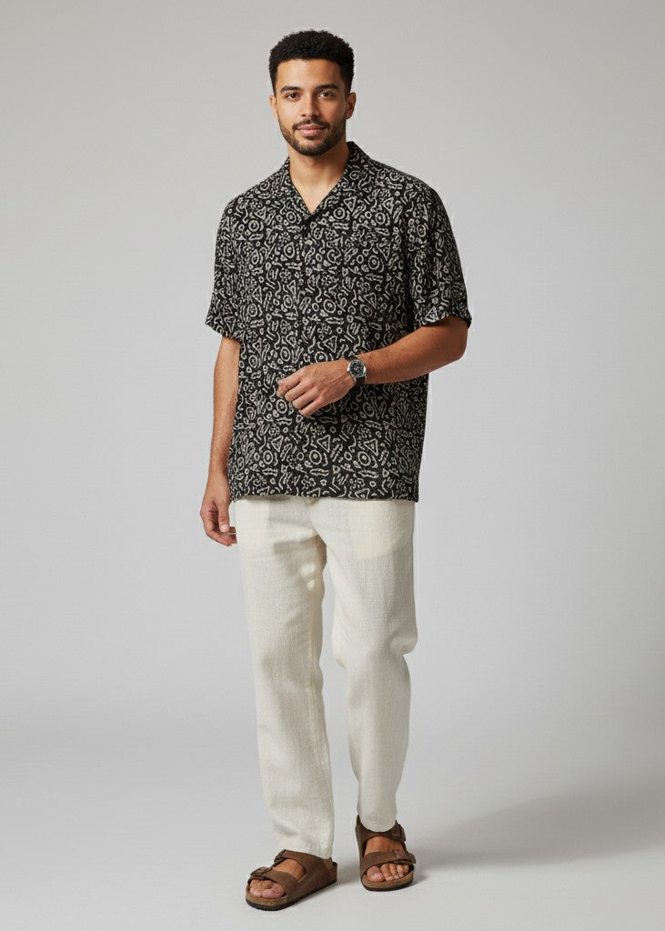 Men's Black Abstract Print Camp Collar Shirt