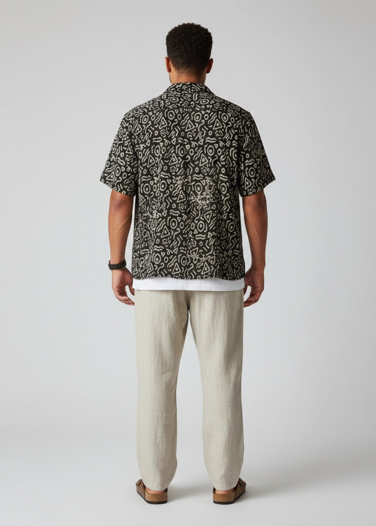 Men's Black Abstract Print Camp Collar Shirt