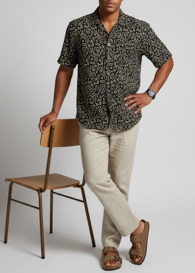 Men's Black Abstract Print Camp Collar Shirt