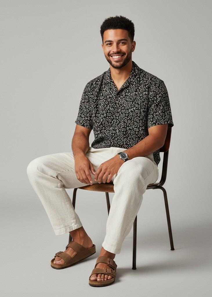 Men's Black Abstract Print Camp Collar Shirt