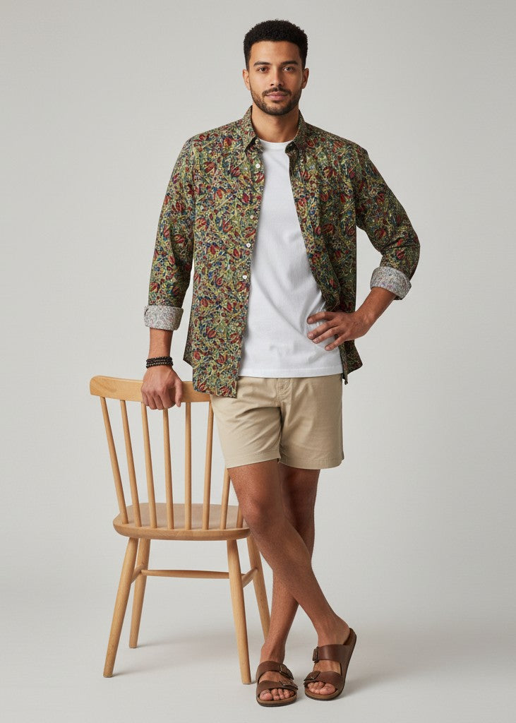 Men Green Floral Regular Fit Pure Cotton Shirt