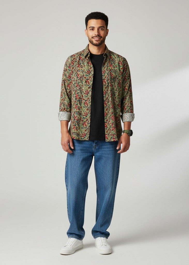 Men's Olive Green Paisley Print Full Sleeve Shirt
