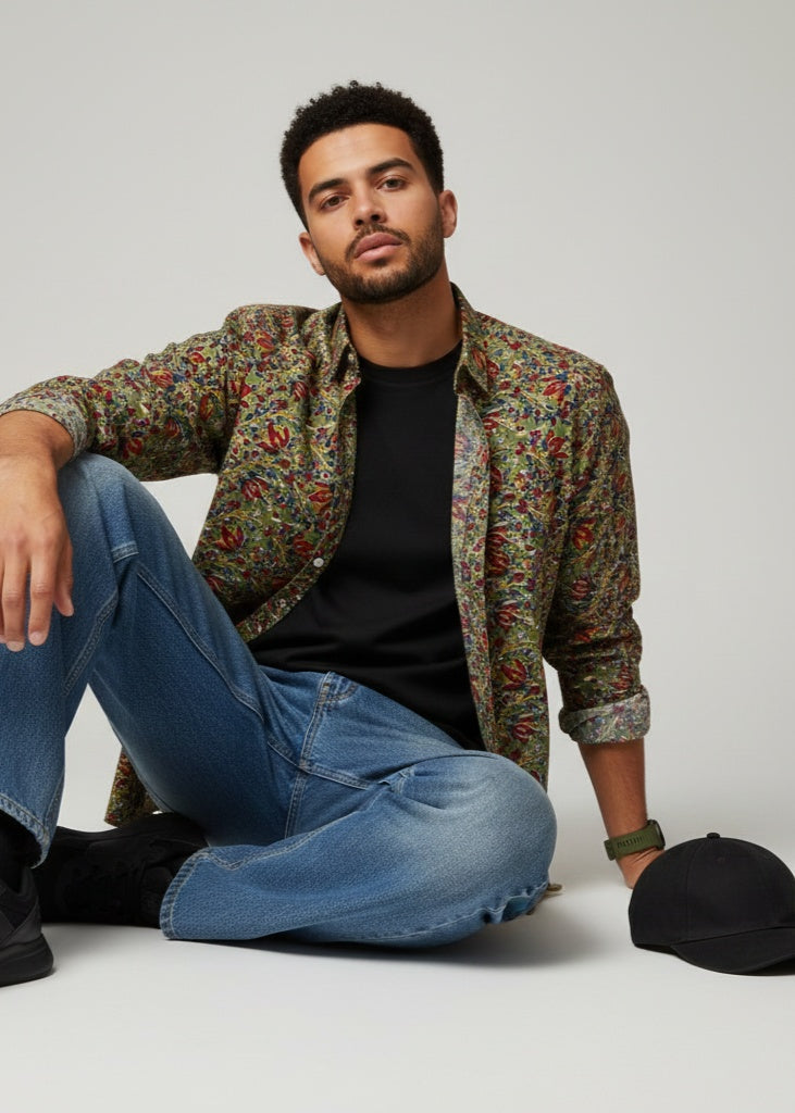 Men Green Floral Regular Fit Pure Cotton Shirt