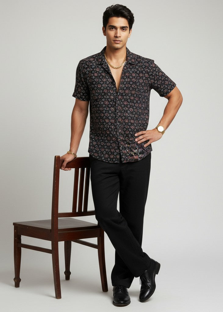 Men Black Geometric Regular Fit Pure Cotton Shirt