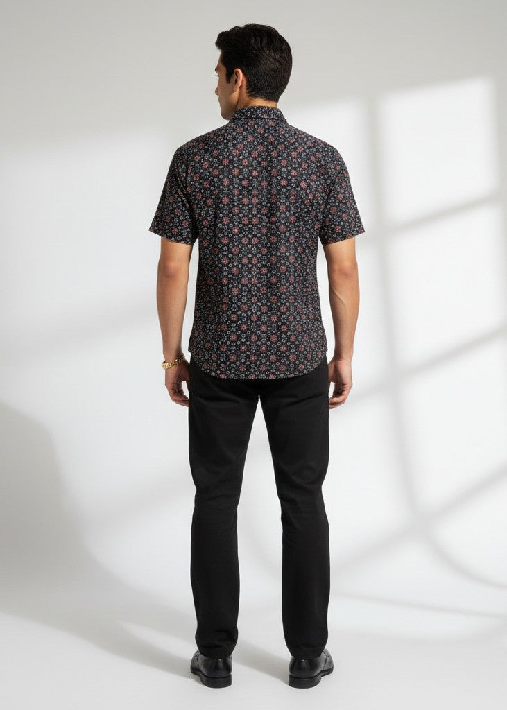 Black Micro Floral Short Sleeve Shirt