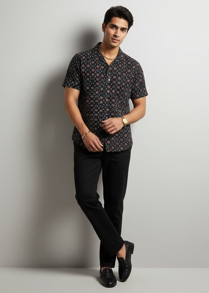 Black Micro Floral Short Sleeve Shirt