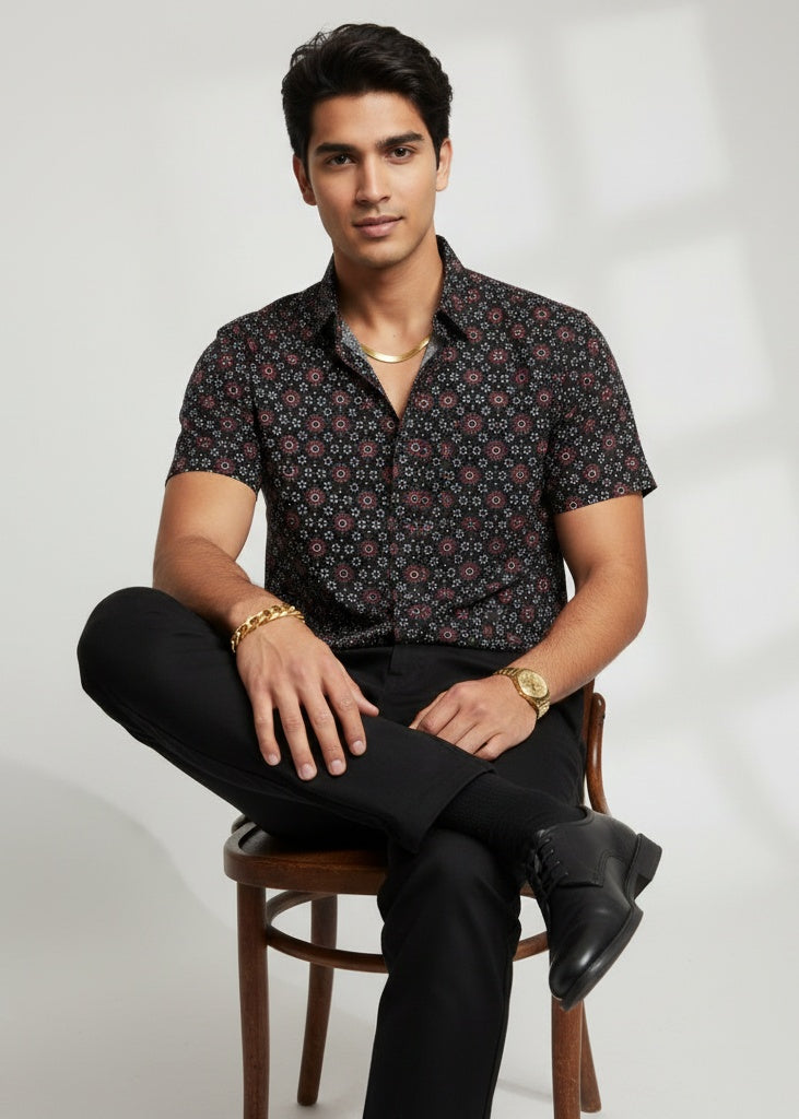 Black Micro Floral Short Sleeve Shirt