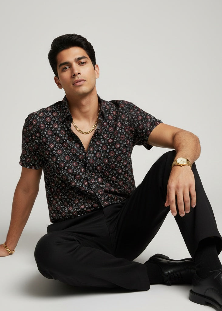 Black Micro Floral Short Sleeve Shirt